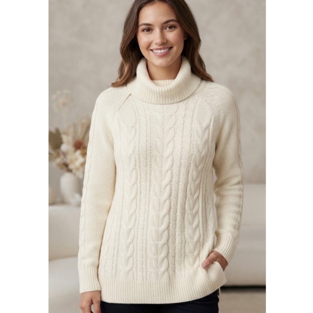 ST. JOHN'S BAY | NWT Woman's Cream Chunky Knit Zip Turtleneck Sweater, Size S‎